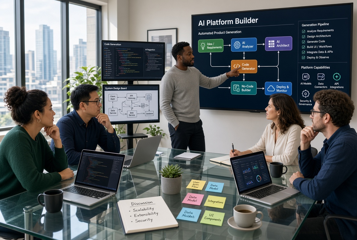 The QA and AI team reviewing an automated product generation pipeline — idea to AI architect to code generation to deploy and monitor