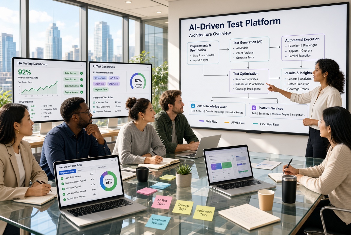 The QA and AI team reviewing an AI-driven test platform architecture on a wall display